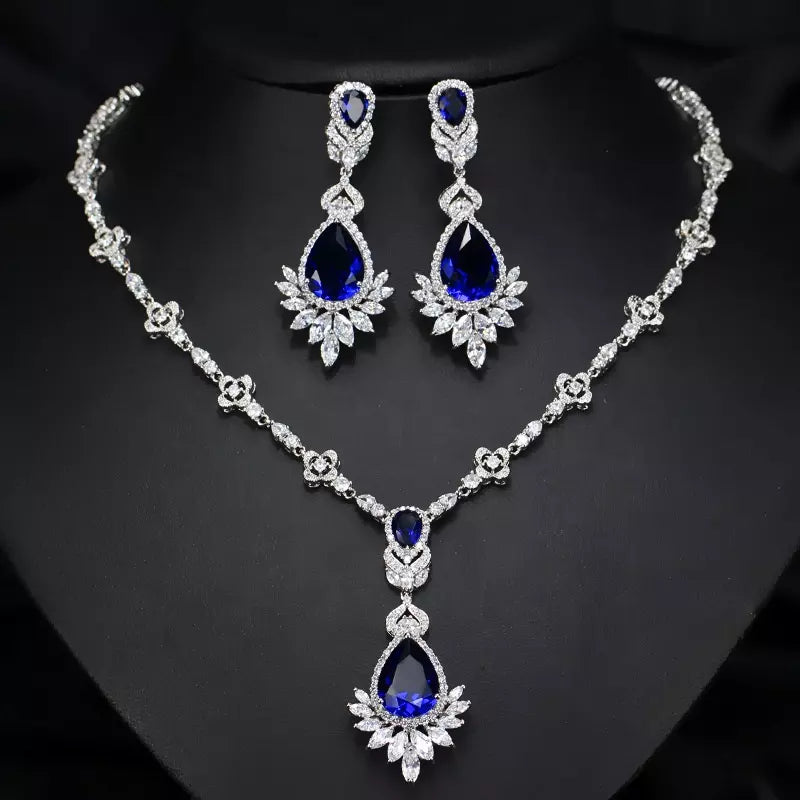 Sapphire Blue Dew Drop Zircon Silver Necklace Set