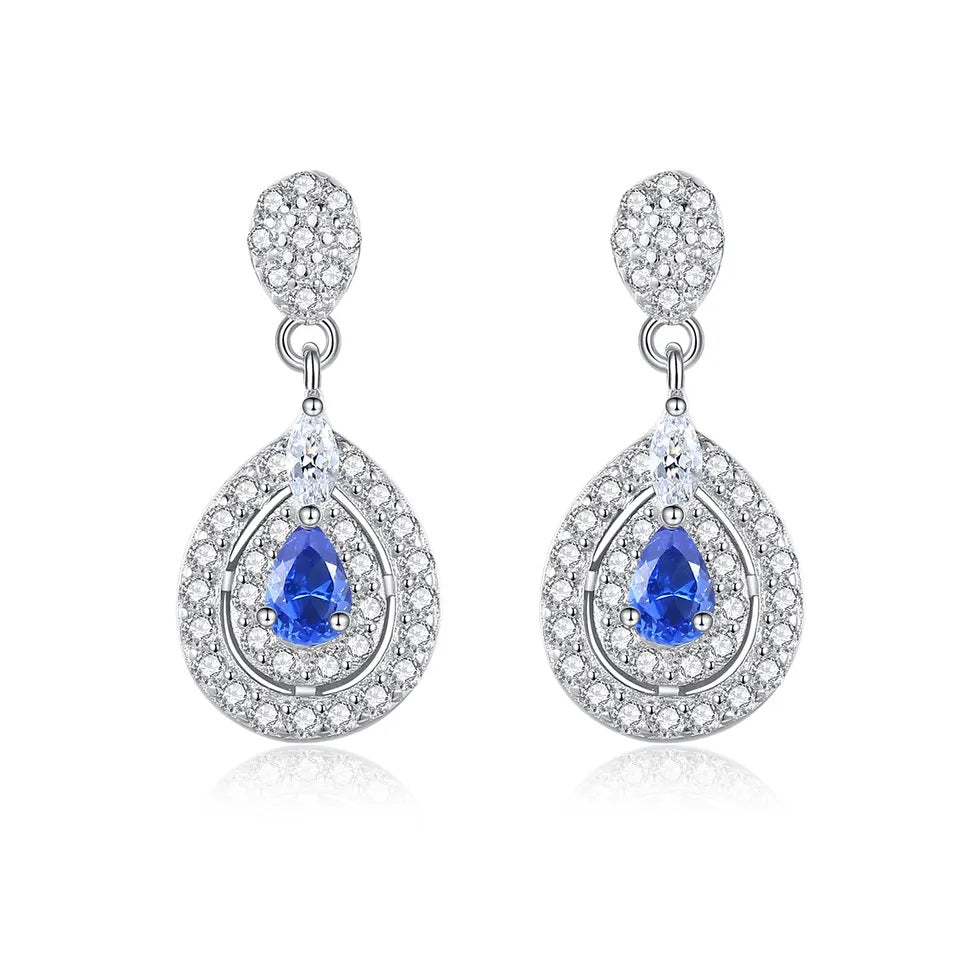 Sapphire Blue Dangling Drop Silver Earrings