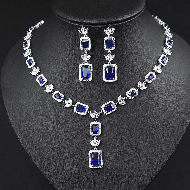 Sapphire Blue Princess Cut Zircon Silver Necklace Set Mystic Flavia