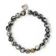 Load image into Gallery viewer, Top view of Sesame jasper stone bracelet 8MM by MysticFlavia with silver bead accents