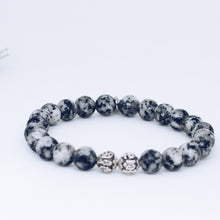 Load image into Gallery viewer, Angled view of Sesame jasper stone silver bead bracelet 8MM on a white background