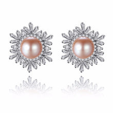 Load image into Gallery viewer, Snowflake Natural Pearl Paved Zircon Silver Earrings