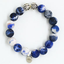 Load image into Gallery viewer, Sodalite Matte Stone Silver Bead Bracelet 12MM with 925 sterling silver beads and charm by MysticFlavia