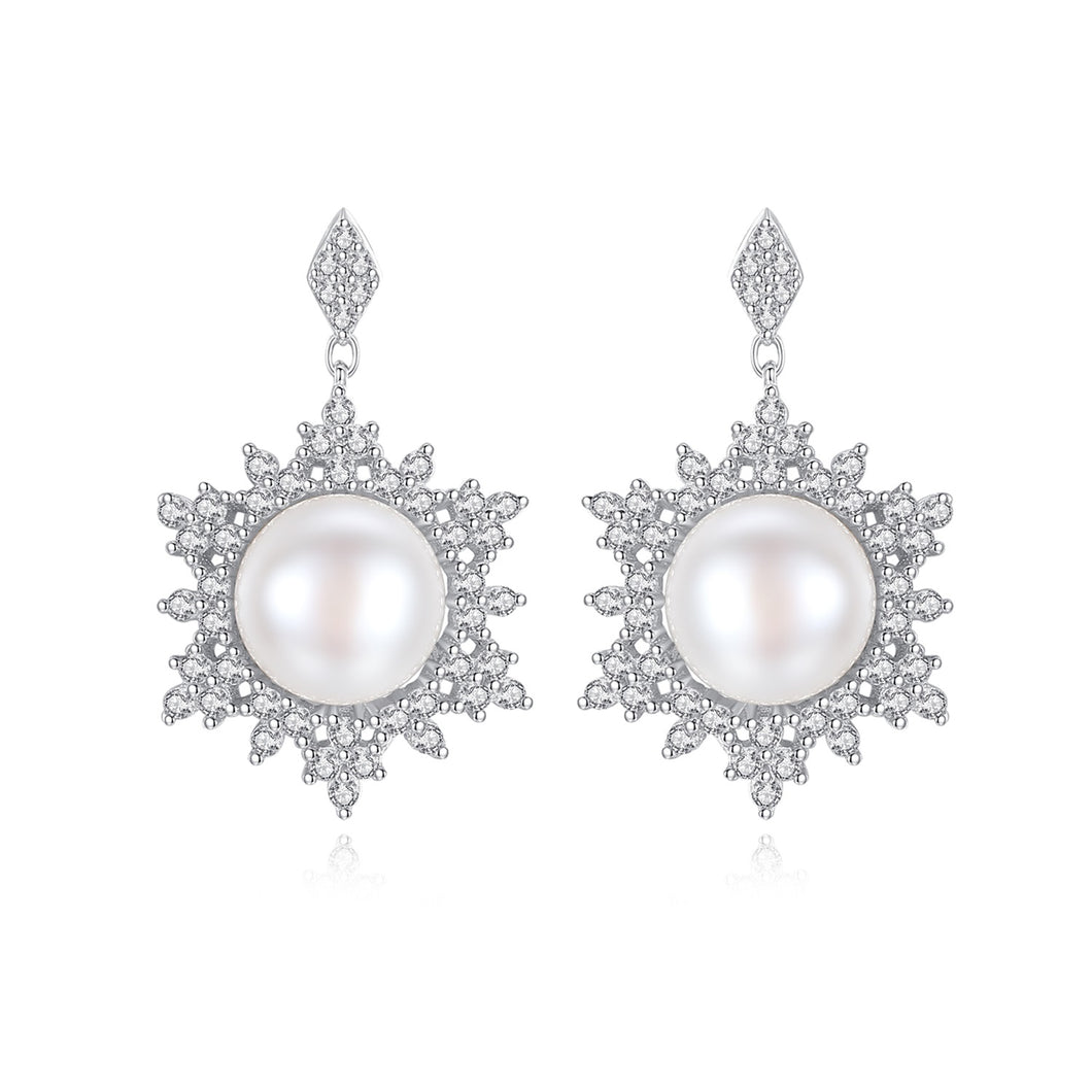 Dangling Snowflake Pearl Zircon Silver Earrings