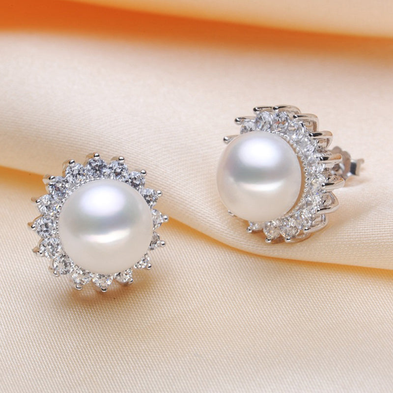 Starry White Zircon Large Natural Pearl Earrings