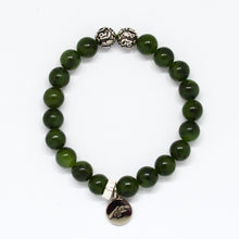 Load image into Gallery viewer, Jade Super Stone Silver Bead Bracelet 8MM top view featuring natural green jade beads and silver accents