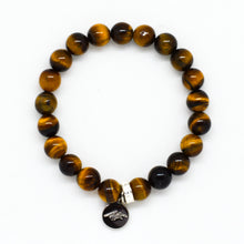 Load image into Gallery viewer, MysticFlavia tiger eye stone flat silver beads bracelet 8mm with disc charm, flat lay white background