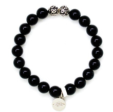 Load image into Gallery viewer, MysticFlavia black tourmaline stone silver beads bracelet with round charm, white background
