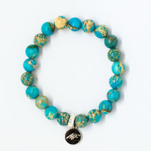 Load image into Gallery viewer, Turquoise Jasper Stone Flat Silver Bead Bracelet 8MM with 925 Sterling Silver Charm | MysticFlavia