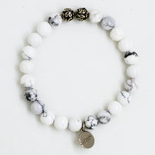 Load image into Gallery viewer, MysticFlavia white howlite stone silver bead bracelet with round charm, white background