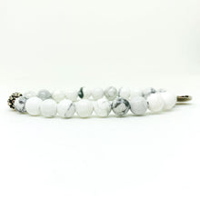 Load image into Gallery viewer, White howlite bracelet showing silver beads detail, straight side view white background