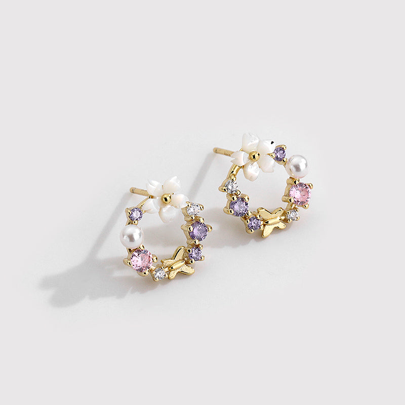 18 K Gold Plated Colorful Zircon Stud Silver Earrings