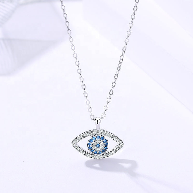 Evil Eye Pendant White Blue Zircon Silver Necklace