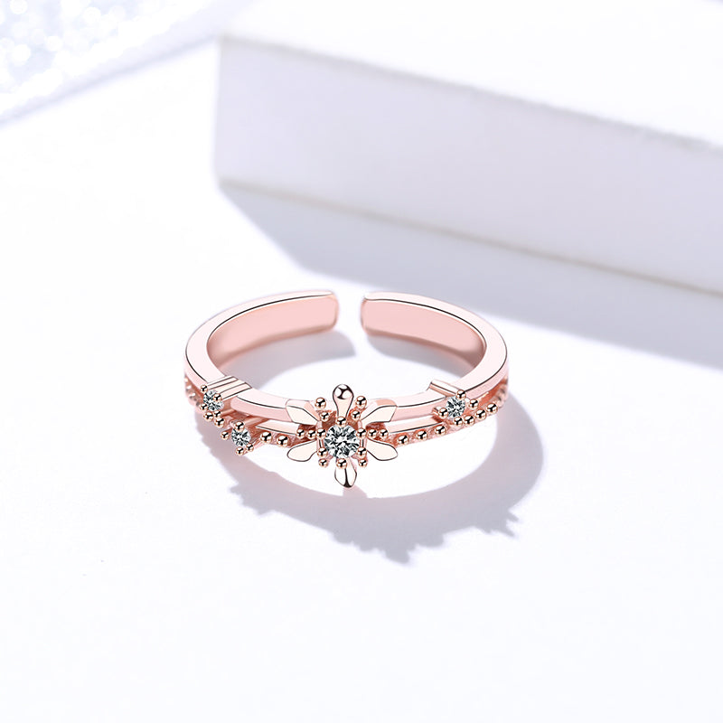 Rose Gold Dainty Floral Zircon Adjustable Silver Ring - Main Image