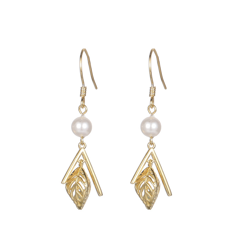 18 K Gold Plated Pearl Zircon Leaf Silver Earrings