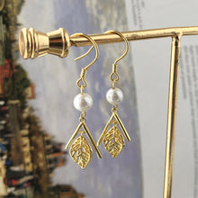 Load image into Gallery viewer, 18 K Gold Plated Pearl Zircon Leaf Silver Earrings