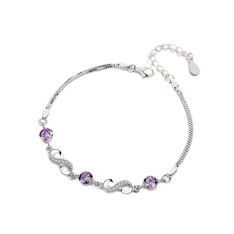 Purple White Zircon Infinity Adjustable Silver Bracelet