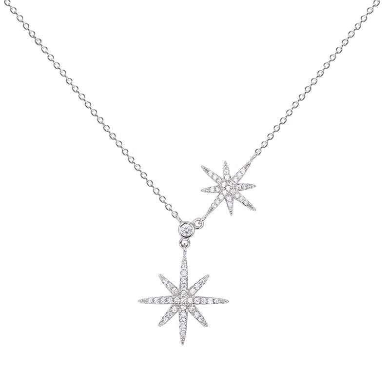 Hexagonal Star Duo White Zircon Silver Necklace