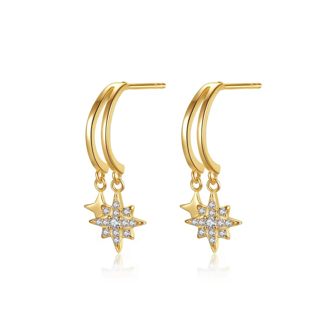 18 K Gold Dangling Star Bohemian Silver Earrings