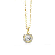 Moissanite pendant necklace in gold, cushion-cut centre stone with halo border, front view on white background.
