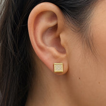 Load image into Gallery viewer, Square princess-cut moissanite earring worn on a model ear, showcasing its elegant design
