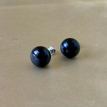 Load image into Gallery viewer, Black pearl earrings 11 MM natural pearl studs in silver setting
