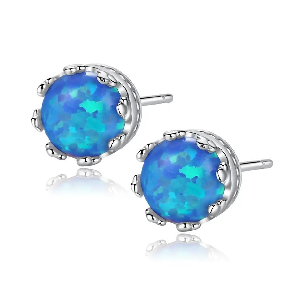 Blue Opal Gemstone Stud Silver Earrings