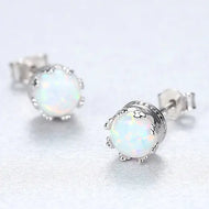 Blue Opal round stud earrings in 925 sterling silver with a detailed silver setting