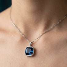 Load image into Gallery viewer, Woman wearing Blue Square crystal silver necklace with a blue square crystal pendant
