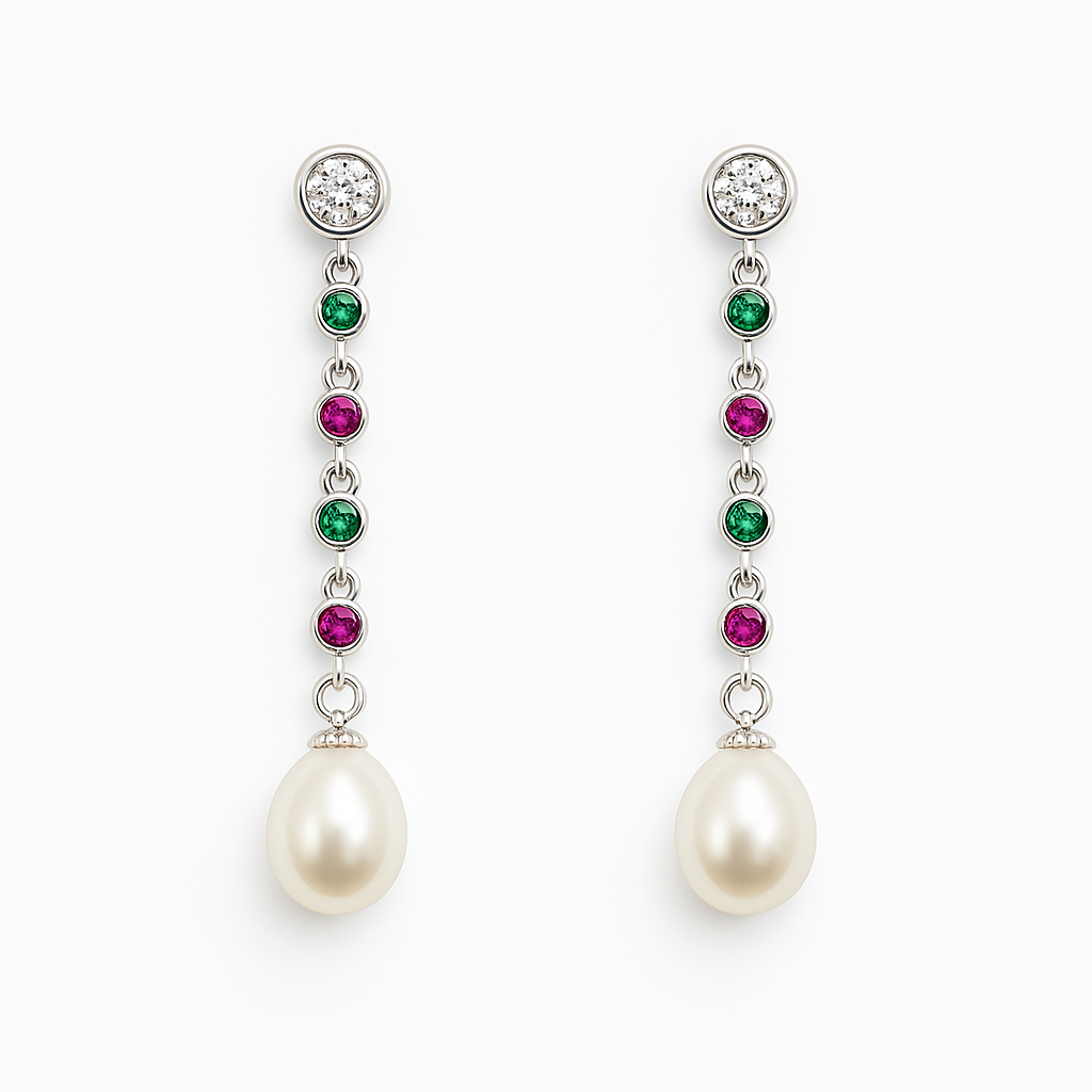 Colorful Dangling Zircon Natural Pearl Silver Earrings