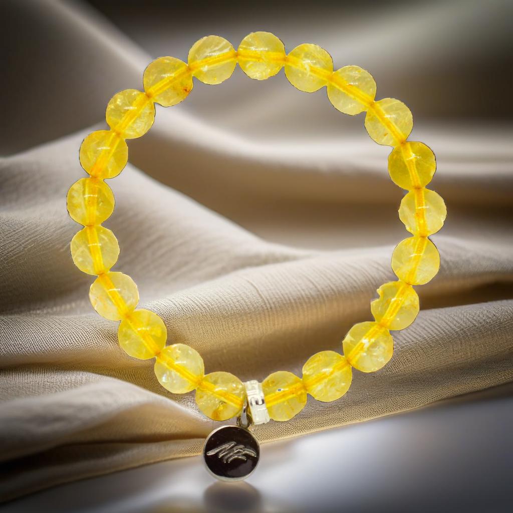 Citrine Stone Flat Silver Bead Bracelet (8 MM)