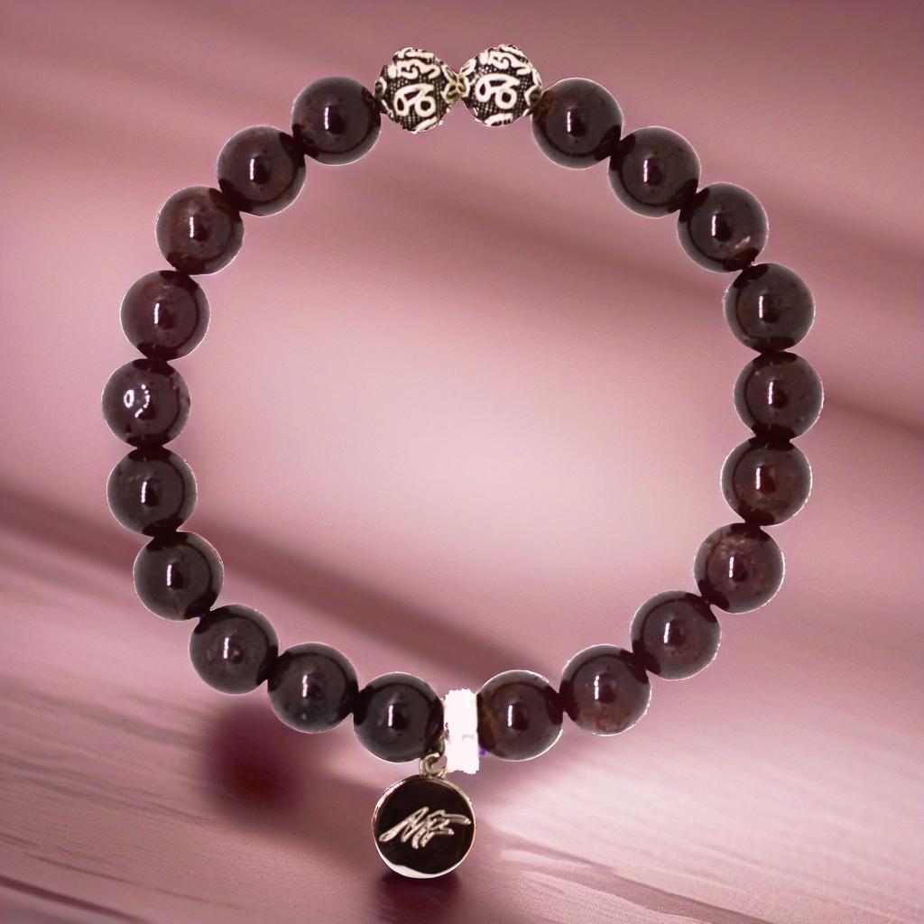 Garnet Stone Silver Bead Bracelet (8 MM)