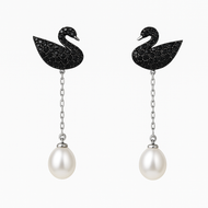 Swan_Dangling_Natural_Pearl_Silver_Earrings with white background