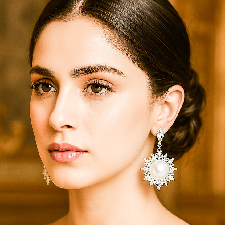 Dangling Snowflake Pearl Zircon Silver Earrings