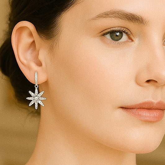 Dangling Star White  Zircon Studded Silver Earrings