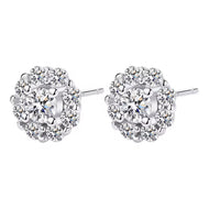Moissanite floral cluster stud earrings front view with brilliant round stones