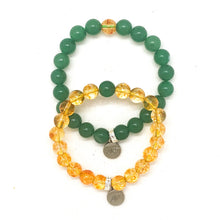 Load image into Gallery viewer, Green Aventurine and Citrine couple bracelet set with round beads and silver MF charms, MysticFlavia
