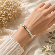 Load image into Gallery viewer, Green Opal Stone Silver Bead Bracelet 8mm worn on a female wrist in a soft natural lifestyle setting
