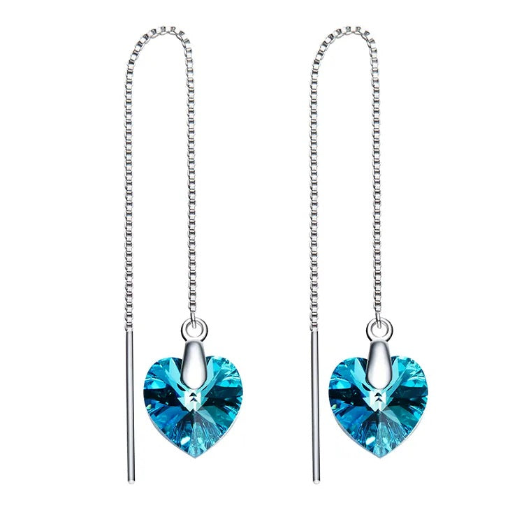 Blue Heart Swarovski Crystal Thread Silver Earrings