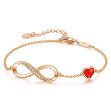 Load image into Gallery viewer, MysticFlavia gold infinity heart bracelet with red heart charm
