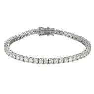 Moissanite tennis bracelet in silver, round stones set in a continuous row, front view on white background.