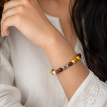 Load image into Gallery viewer, Woman wearing Mookaite Jasper Matte Silver Bead Bracelet 8MM with matte natural gemstone beads and 925 sterling silver spacer beads | MysticFlavia
