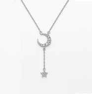 Moon & Star White Zircon Studded Silver Necklace
