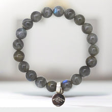 Load image into Gallery viewer, Natural Labradorite Flat Silver Bead Bracelet 8mm featuring polished labradorite beads with a 925 sterling silver flat bead by Mystic Flavia on a clean white surface.
