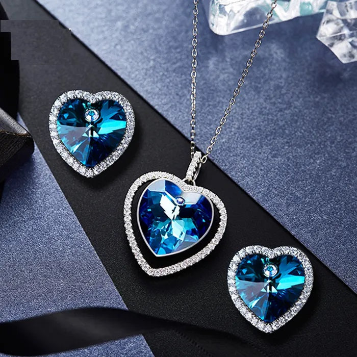 Ocean of Heart Swarovski Crystal Silver Necklace Set