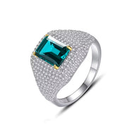 Emerald Princess Cut Pavé Silver Ring in 925 sterling silver with a rectangular emerald gemstone