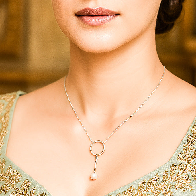 Circle au Pearl Pendant Lariat Silver Necklace