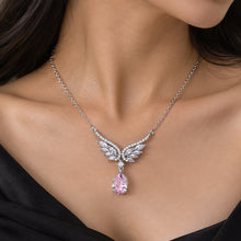 Load image into Gallery viewer, 925 sterling silver butterfly pendant necklace with pink teardrop gemstone worn on model
