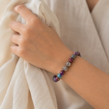 Load image into Gallery viewer, Woman wearing Purple Jasper Stone Silver Bead Bracelet 8MM with 925 sterling silver beads by MysticFlavia
