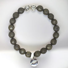 Load image into Gallery viewer, Natural pyrite faceted silver beads bracelet with 925 sterling silver charm, grey background
